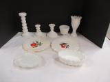 Milkglass Grouping-Oval Dish, Bowl, 2 Plates, Candleholders
