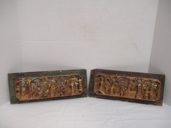 2 Vintage Chinese Temple Carving Wall Hangings - circa Taiwan 1968