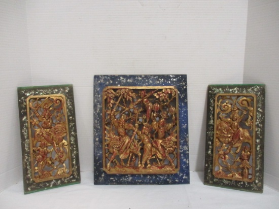 3 Vintage Chinese Temple Carving Wall Hangings - circa Taiwan 1968