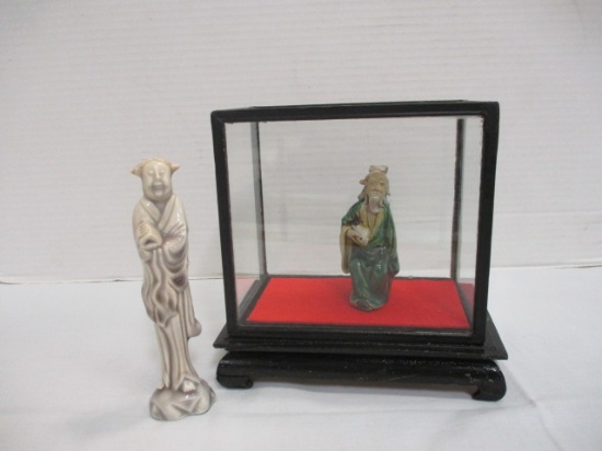 Vintage Chinese Mudman Figurine in Glass Box and Ceramic Figurine