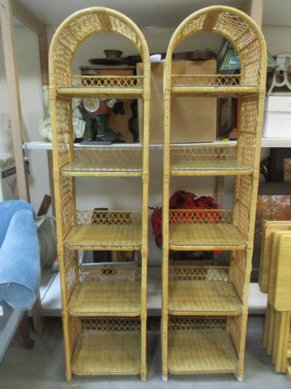 Pair of Wicker and Glass 5-Shelf Etageres