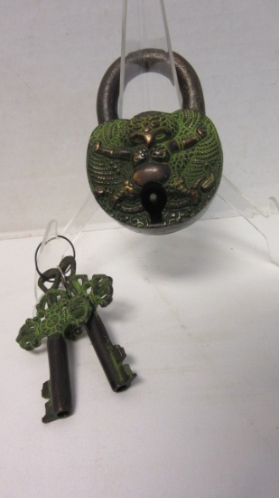 Antique Victorian Tibetan Deity Figural Solid Brass Padlock with Two Keys