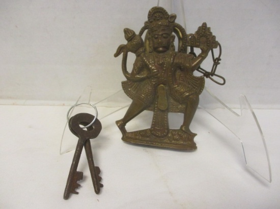Vintage Hanuman Hindu Monkey Figural Solid Brass Padlock with Two Keys