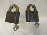 Two Vintage Belknap-Louisville Blue Grass BG 44 Iron Padlocks with Brass Shackles and Keys