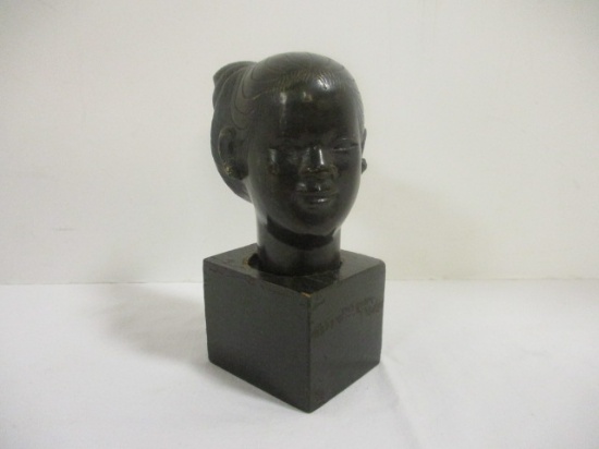Antiqued Brass Japanese Bust on Wood Stand