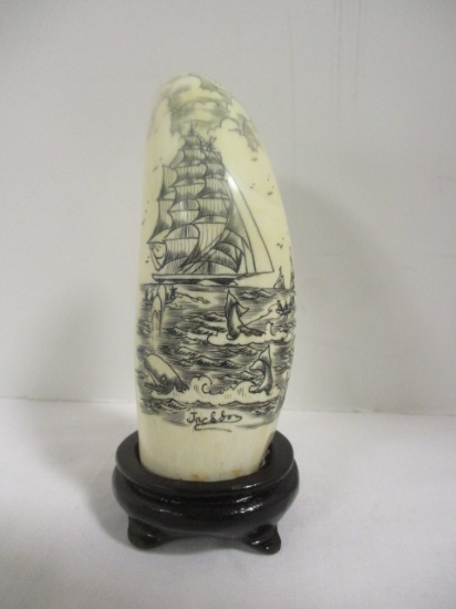 Vintage Signed Whale Tooth Whaling Scene Scrimshaw