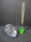 Controlled Bubble Art Glass Strawberry Paperweight and Green Glass Bud Vase
