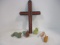 Carved Stone and Wood Animal Figurines and Folk Art Painted Cross