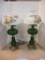 Pair of Electric Green Satin Glass Turn Key Post Lamp with Handpainted Shades