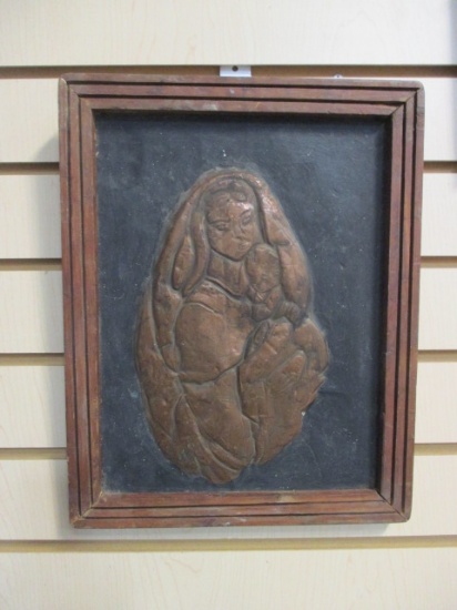 Framed Vintage Madonna and Child Copper Relief