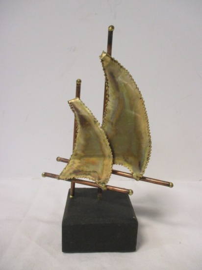 Sculpted Brass and Copper Sailboat with Wood Base