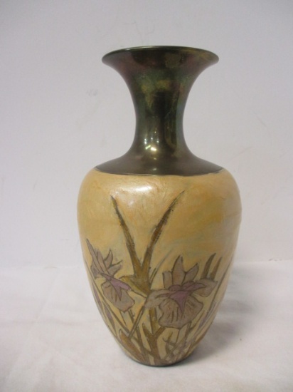 Handpainted Brass Vase with Iris Motif