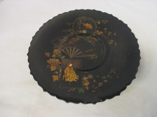 Vintage Handpainted Chinese Lacquered Footed Plate