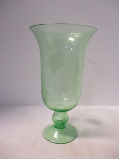 Etched Ginkgo Leaf Green Glass Footed Vase