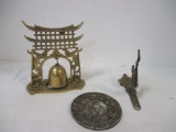 Miniature Brass Temple Bell, Dolphin Hook and Zodiac Emblem