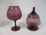 Amethyst Glass Thumbprint Pattern Stemmed Vase and Footed Dish