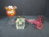 Art Glass Epergne Tulip Horn, Marigold Iridescent Ruffle Edge Compote and