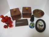 Midcentury Wood Trinket Boxes, Lucite Grape Cluster, Taxidermy Butterflies,