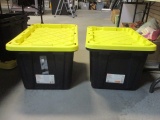 Two HDX Heavy Duty 27 Gallon Black Totes with Yellow Lids