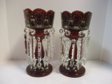 Pair of Vintage Ruby Red Handpainted Mantle Lusters with Crystal Prisms