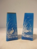 Pair of Blue Opaline Glass Vases with Mary Gregory Style Heron on Pond Designs