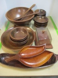 Grouping of Midcentury Wood Salad Bowls, Salad Servers, Covered Cheese Board,