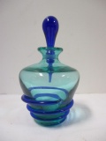Glass Art Studio Green Glass Art Glass Perfume Bottle with Applied Blue Ribbon