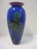 Beautiful Blue and Red Cased Vase with Under Glass Painted Irises