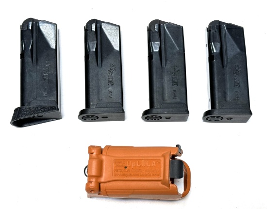 (4) Factory Sig Sauer P365 9mm 10-Round Magazines + UpLula Loader