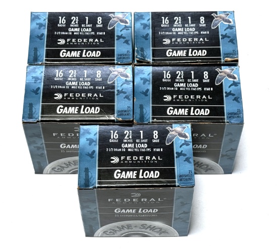 (125) Shot Shells of 16GA. 2-3/4” 8-Shot Federal Game Load Ammunition 