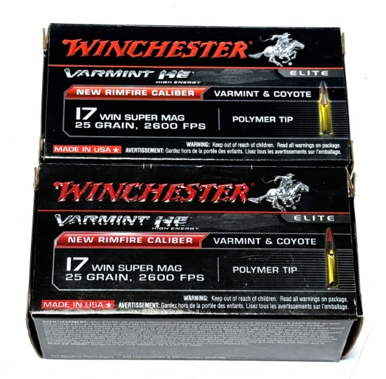 NIB 100rds. Of .17 WSM 25gr. Polymer Tip Winchester Varmint HE Ammunition