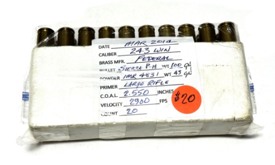 20rds. Of .243 WIN. 100gr. Sierra P-H Reloaded Ammunition