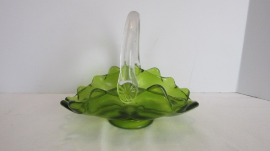 Avocado Green Art Glass Basket with Applied Clear Handle