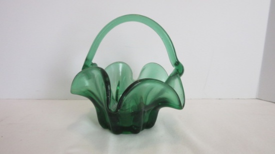 Green Art Glass Basket with Applied Green Handle