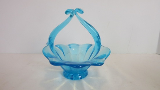 Blue Art Glass Basket with Stretched Handle