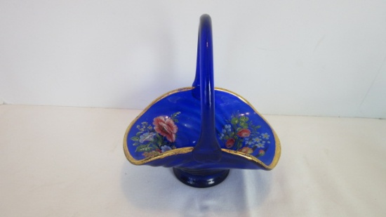Cobalt Blue Art Glass Basket with Gold Rim Band and Decal Transfer Flowers