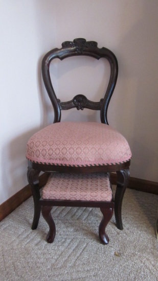 Refinished Custom Covered Victorian Side Chair and Queen Anne Style Foot Stool
