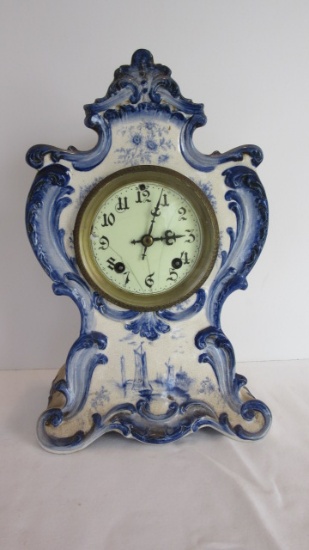 Antique New Haven Clock Co. Blue and White Porcelain Mantle Clock