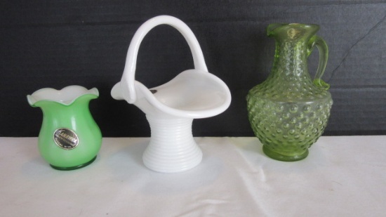 Three Kanawha Art Glass White Basket, Green Pitcher and Green Cased  Vase