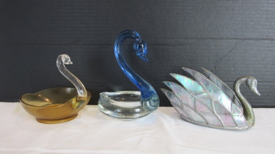 Two Art Glass Swans and Stained Glass Swan