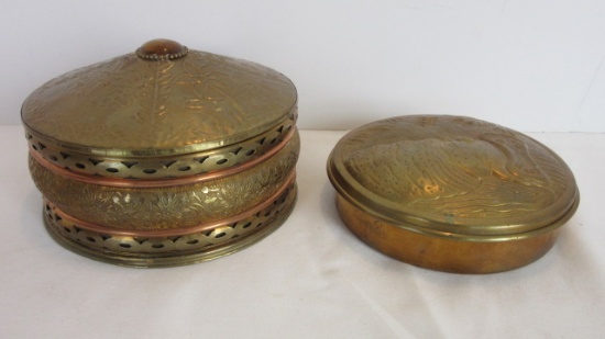 Two Round Brass Relief Design Boxes