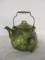 Midcentury Footed Green Pottery Teapot with Relief Fruit Design and Metal Handle
