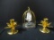 Western Germany Hand Cut Crystal Bird in Brass Cage and Pair of Gold Tone Candle Holders
