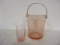 Pink Depression Glass Ice Bucket with Silverplated Handle and Tumbler