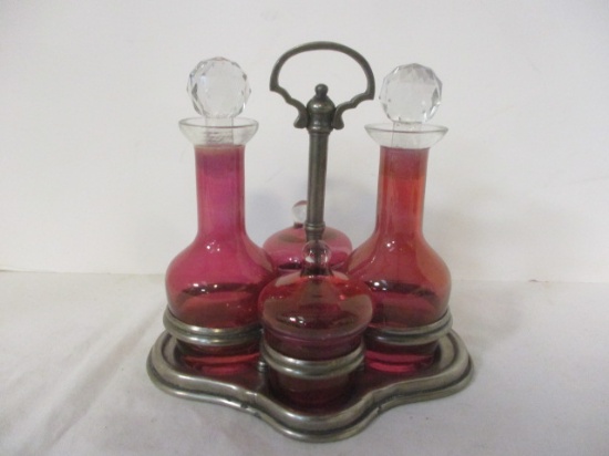 Brushed Nickel Condiment Caddy with Cranberry Bottles and Jars