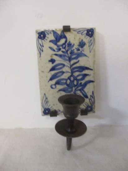 Handpainted Blue/White Tile Candle Wall Sconce