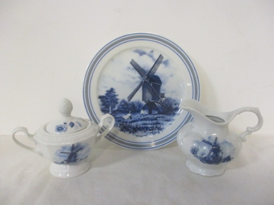 Delft Blauw Handpainted Plate, Creamer and Sugar Bowl with Windmill Motif