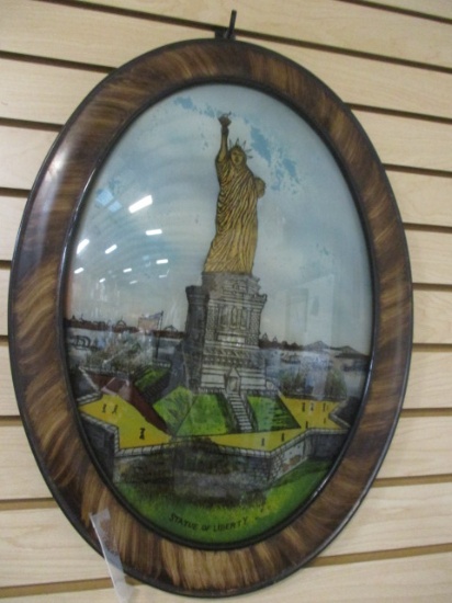 Antique Framed Convex Bubble Glass Reverse Painted "Statue of Liberty"