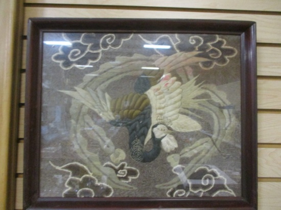 Framed Antique Intricately Embroidered Peacock Needlework