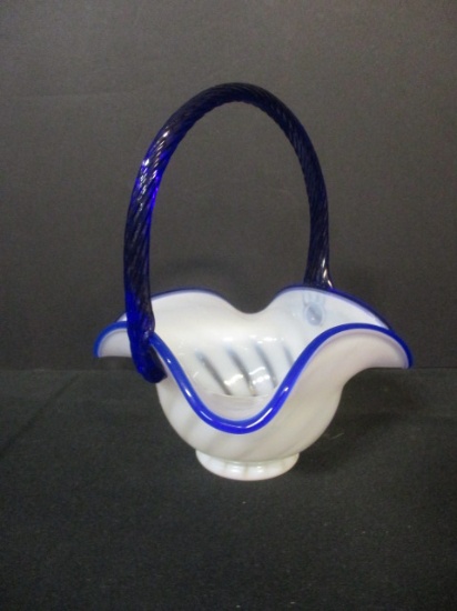 Fenton Opalescent Basket with Applied Blue Handle